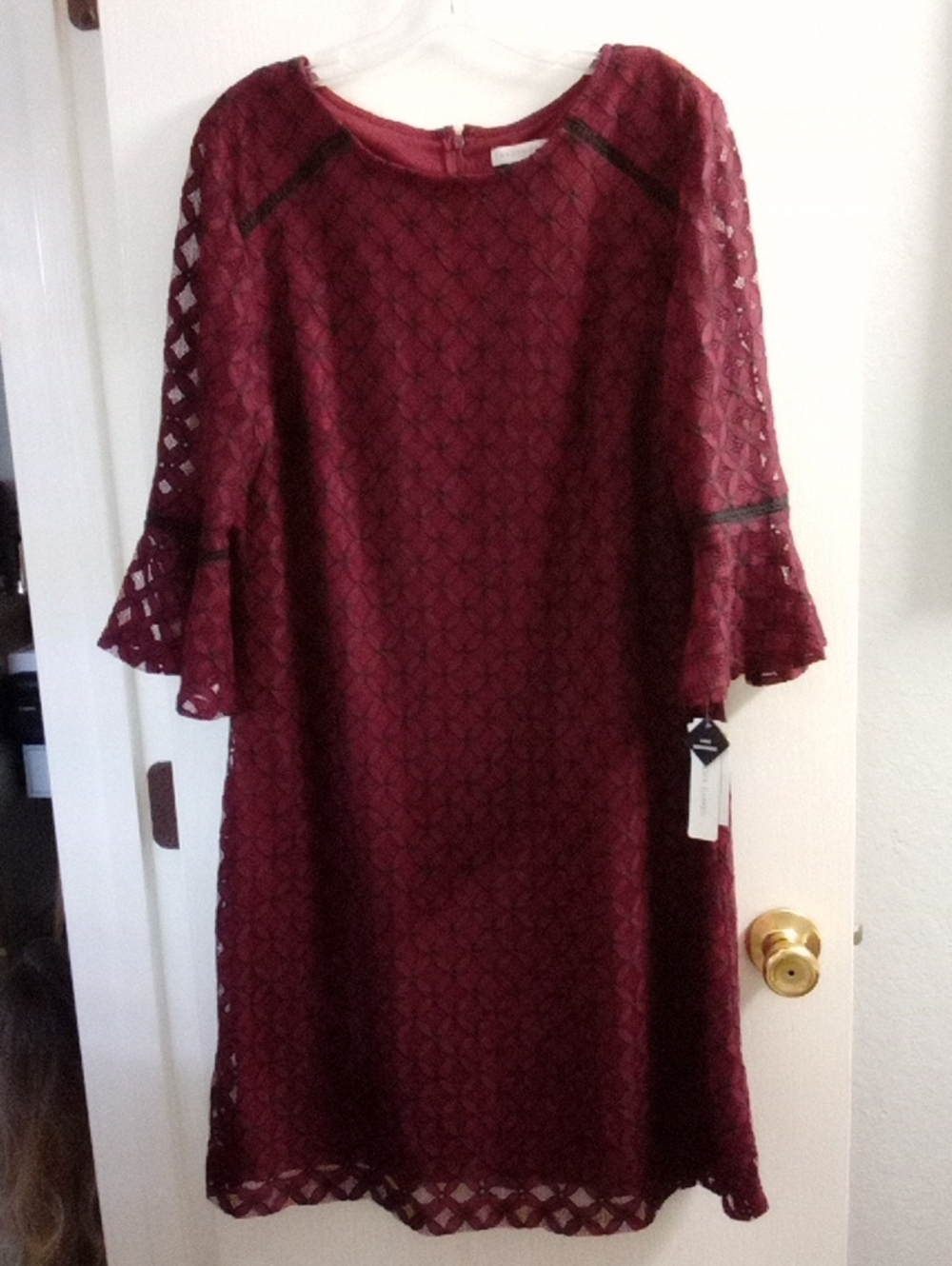 Sandra Darren Burgundy Lace Bell-Sleeve Shift Dress